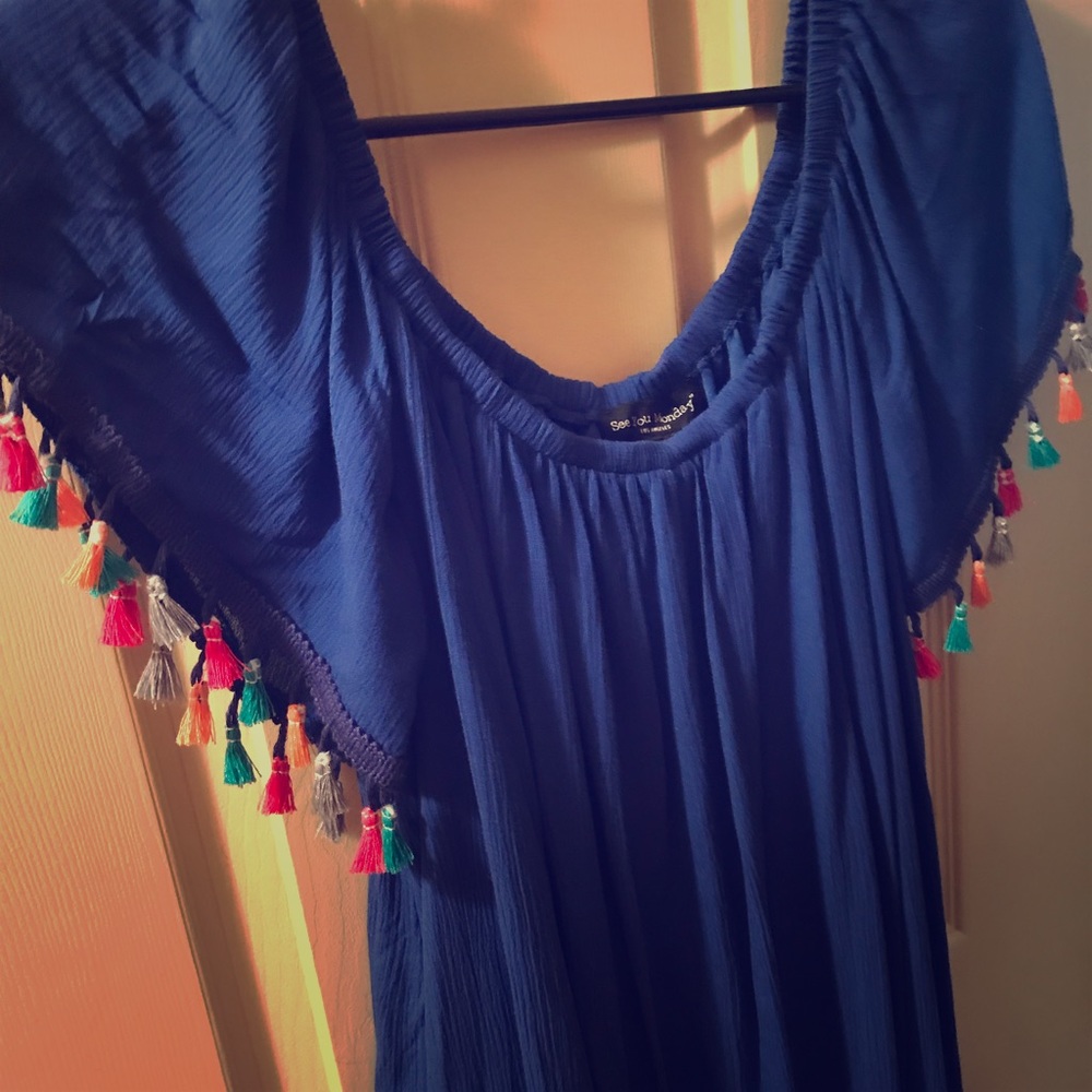 Blue dress with rainbow tassles